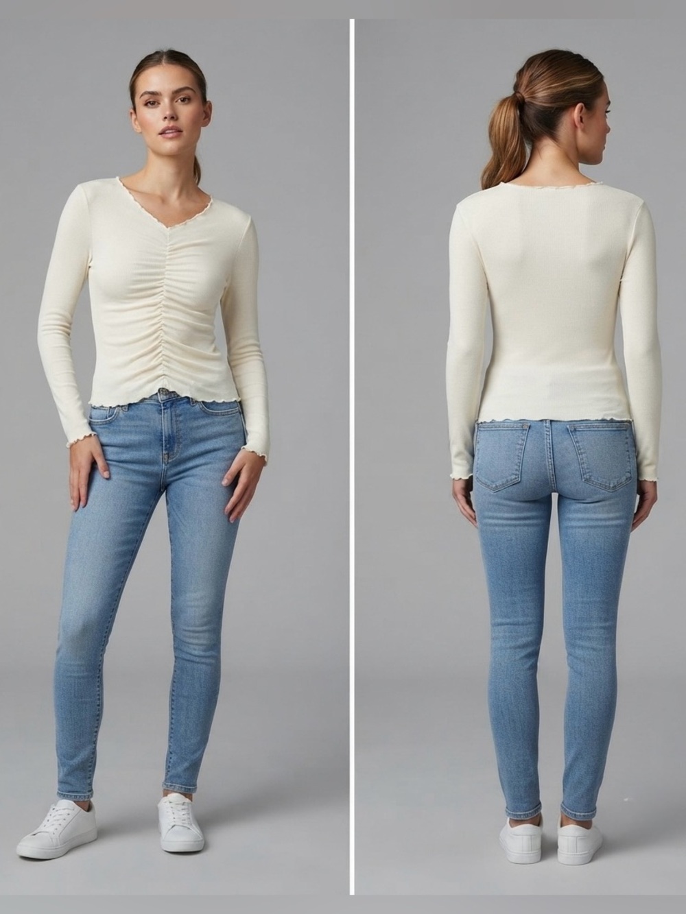 NWT Polly & Esther Cream Ribbed Ruched Lettuce Edge Top Size S